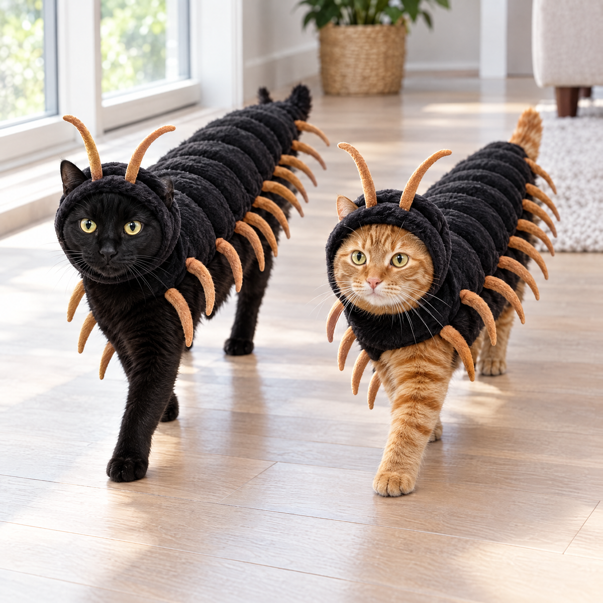 Two cats wearing matching centipede costumes