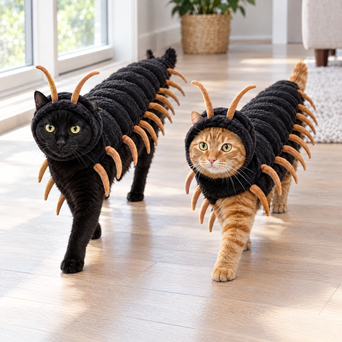 Two cats wearing matching centipede costumes