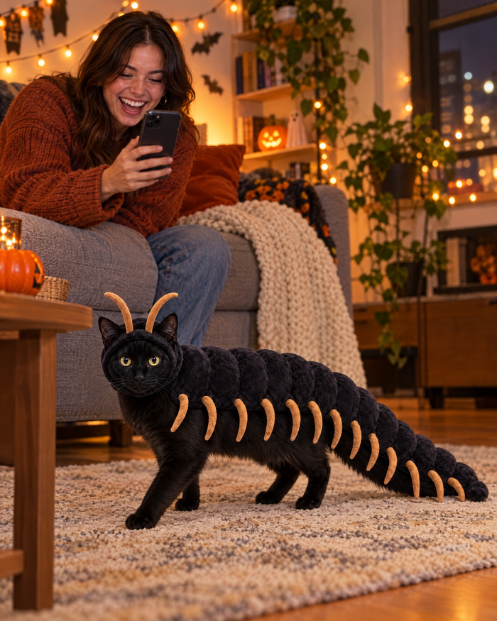 Woman laughing while filming her cat in a centipede costume