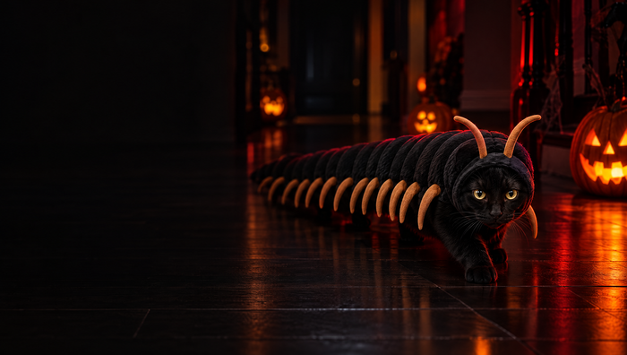 Black cat in CreepPurr centipede costume crawling down a dark Halloween hallway