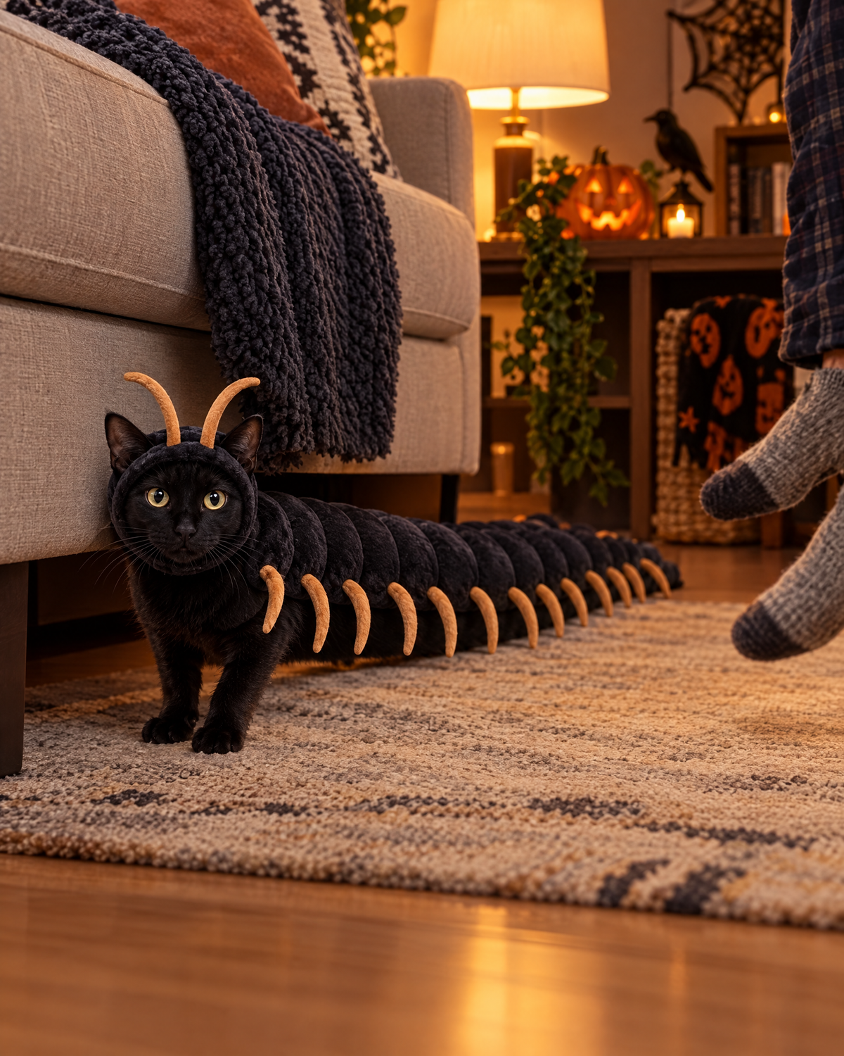 Cat in centipede costume crawling out from under a sofa