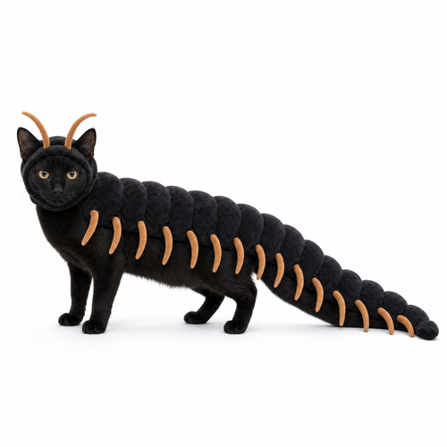 Black cat wearing the CreepPurr centipede costume