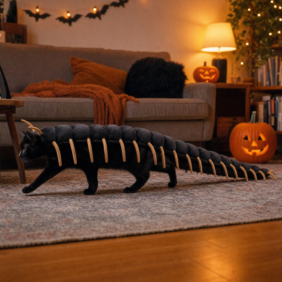 Cat crawling in centipede costume in a Halloween living room