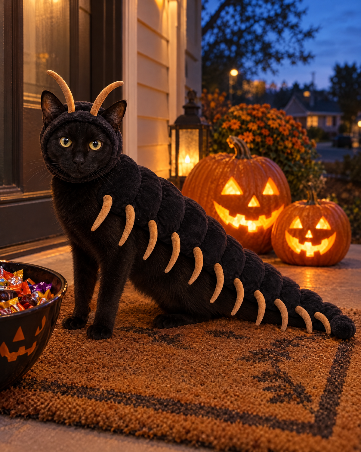 Cat in centipede costume on a Halloween porch